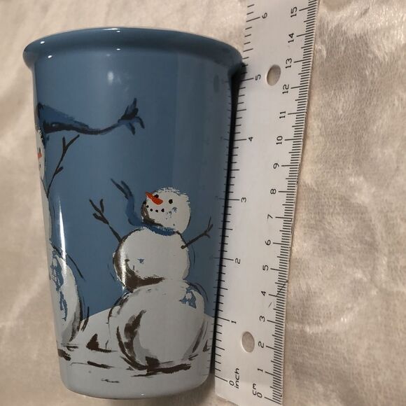 SNOWMEN CERAMIC cup with lid. 3 Snowmen. Never used. NWOT - Picture 7 of 7